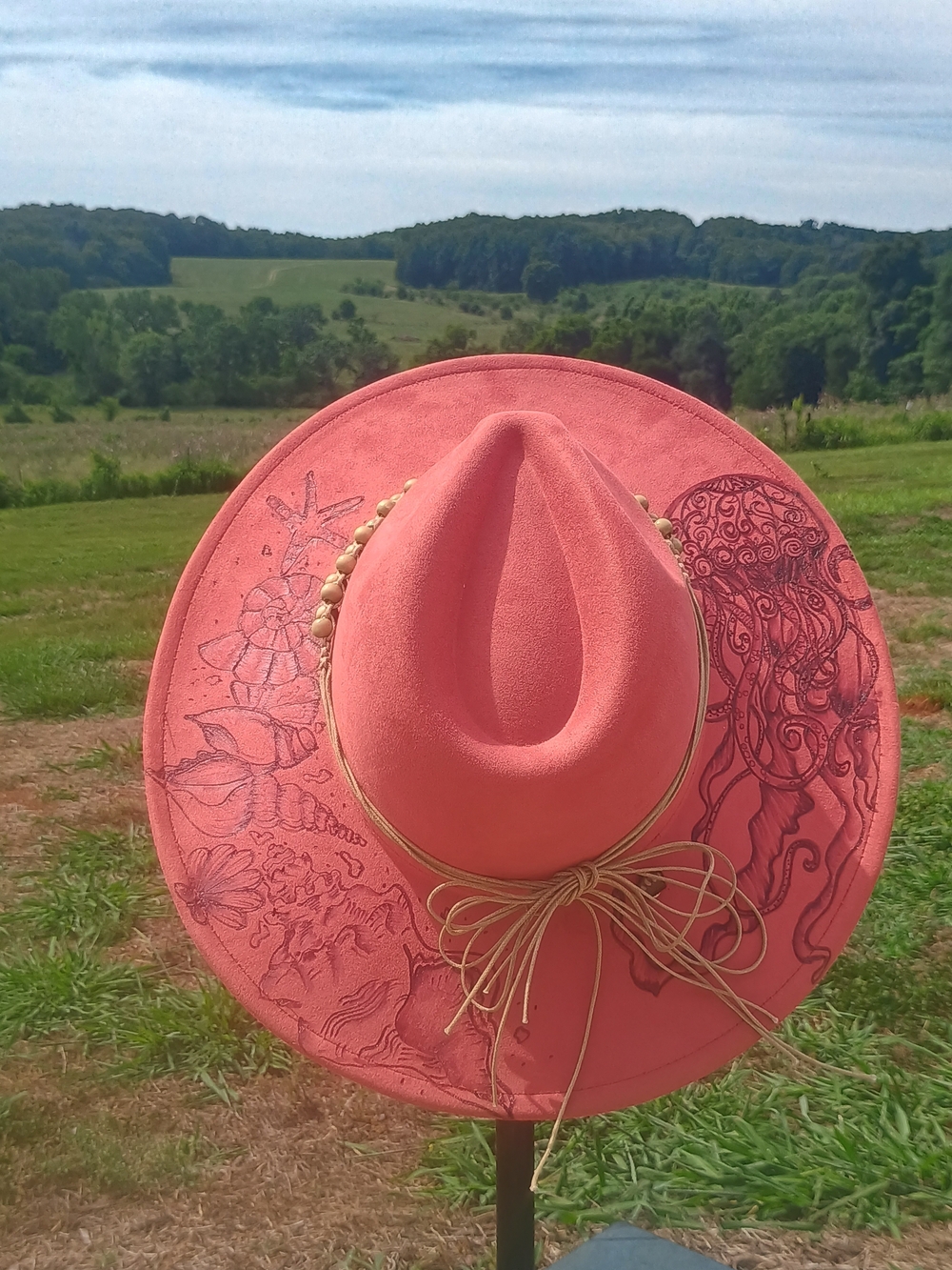Hand-Illustrated Coral Wide-Brim Felt Hat